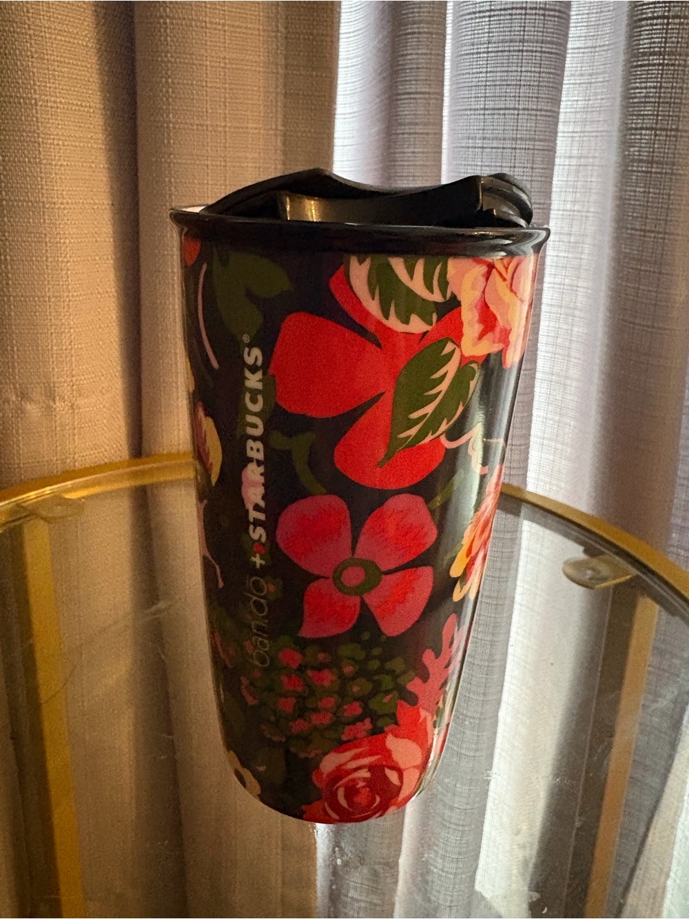 Starbucks Black Travel Tumbler with Red & Pink Floral Pattern